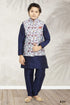 Navy Blue Pure Soft Art Banarasi Silk Boys Kurta Pajama Jacket Set 