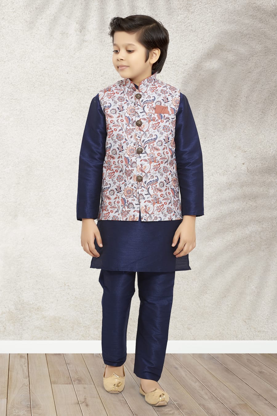 Blue Pure Soft Art Banarasi Silk Boys Kurta Pajama Jacket Set 