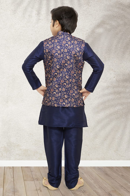 Blue Pure Soft Art Banarasi Silk Boys Kurta Pajama Jacket Set 
