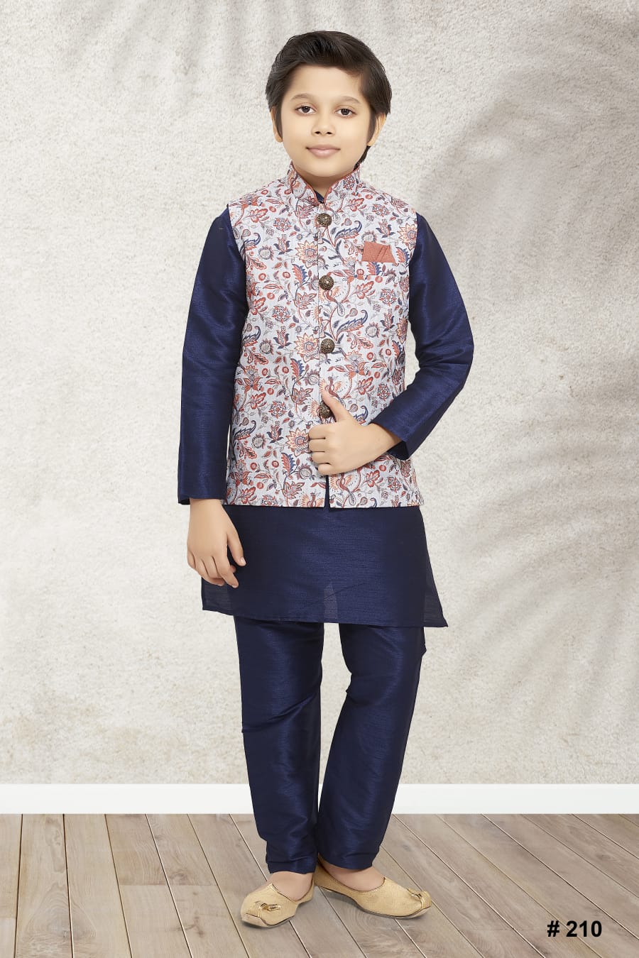 Blue Pure Soft Art Banarasi Silk Boys Kurta Pajama Jacket Set 