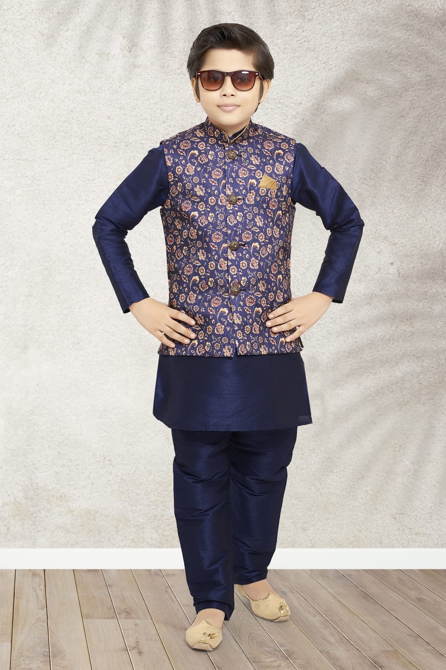 Blue Pure Soft Art Banarasi Silk Boys Kurta Pajama Jacket Set 