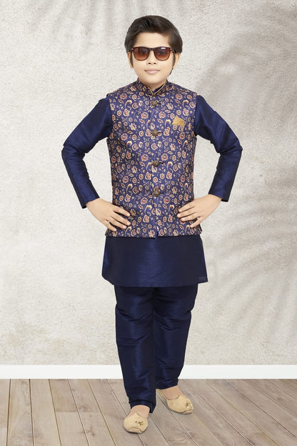 Blue Pure Soft Art Banarasi Silk Boys Kurta Pajama Jacket Set 