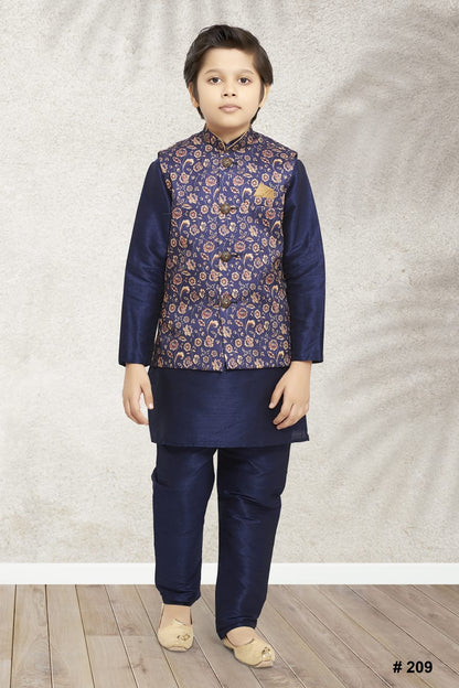 Blue Pure Soft Art Banarasi Silk Boys Kurta Pajama Jacket Set 