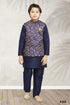 Blue Pure Soft Art Banarasi Silk Boys Kurta Pajama Jacket Set 