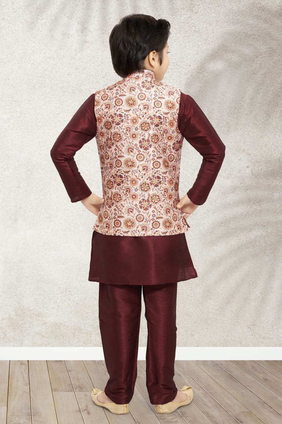 Maroon Pure Soft Art Banarasi Silk Boys Kurta Pajama Jacket Set 