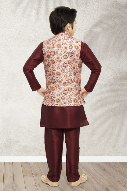 Maroon Pure Soft Art Banarasi Silk Boys Kurta Pajama Jacket Set 
