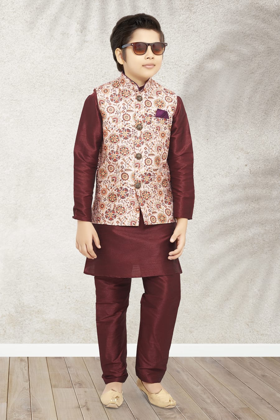 Maroon Pure Soft Art Banarasi Silk Boys Kurta Pajama Jacket Set 