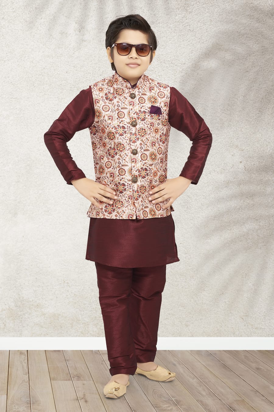 Maroon Pure Soft Art Banarasi Silk Boys Kurta Pajama Jacket Set 