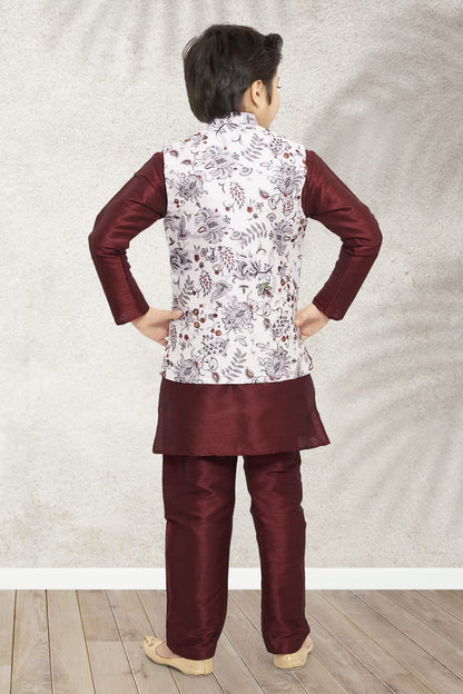 Red Pure Soft Art Banarasi Silk Boys Kurta Pajama Jacket Set 