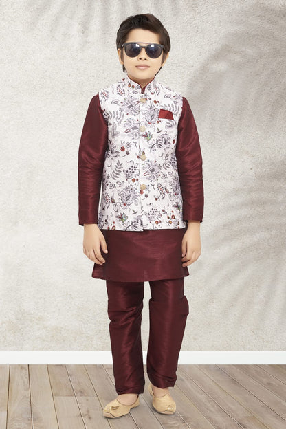Red Pure Soft Art Banarasi Silk Boys Kurta Pajama Jacket Set 