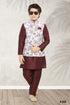 Red Pure Soft Art Banarasi Silk Boys Kurta Pajama Jacket Set 