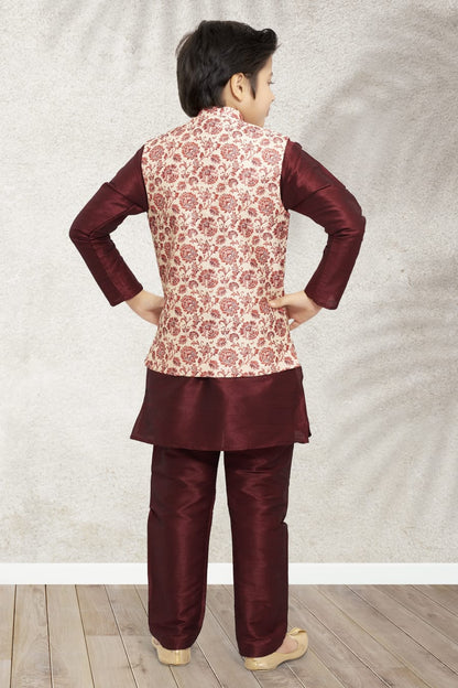 Maroon Pure Soft Art Banarasi Silk Boys Kurta Pajama Jacket Set 