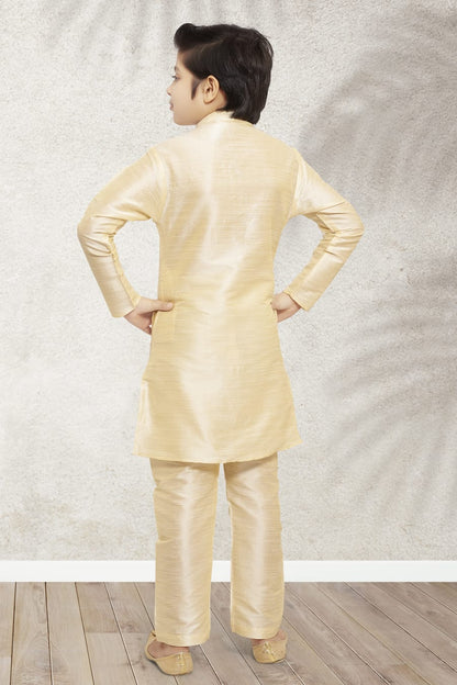 Cream Pure Soft Art Banarasi Silk Boys Kurta Pajama Jacket Set 