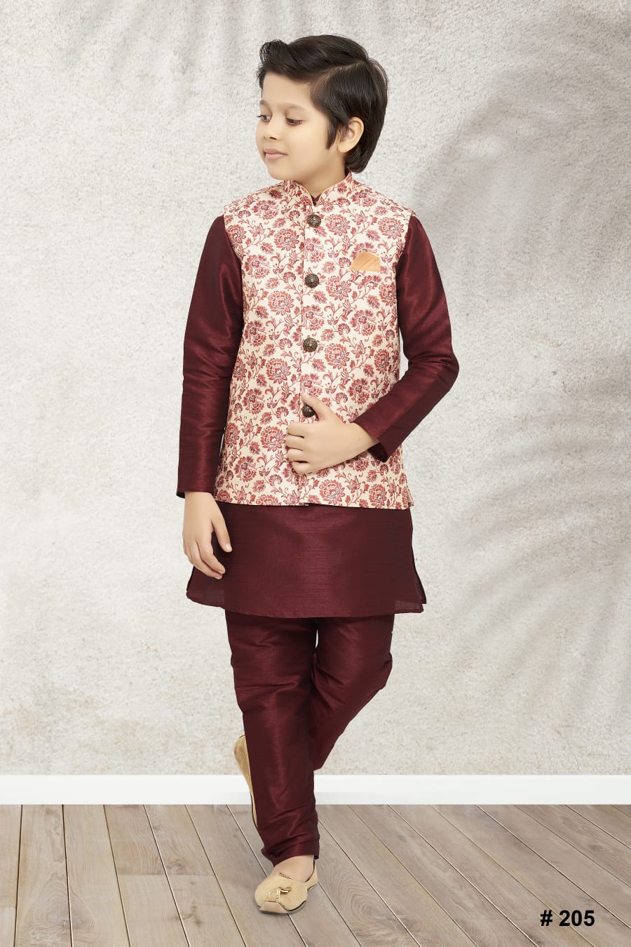 Maroon Pure Soft Art Banarasi Silk Boys Kurta Pajama Jacket Set 