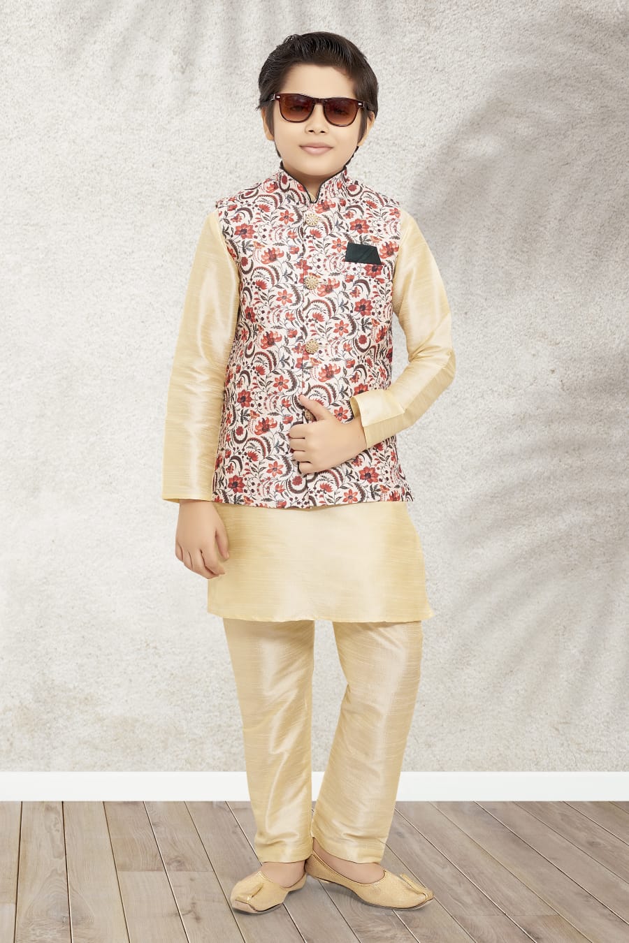 Cream Pure Soft Art Banarasi Silk Boys Kurta Pajama Jacket Set 