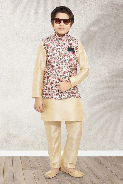 Cream Pure Soft Art Banarasi Silk Boys Kurta Pajama Jacket Set 