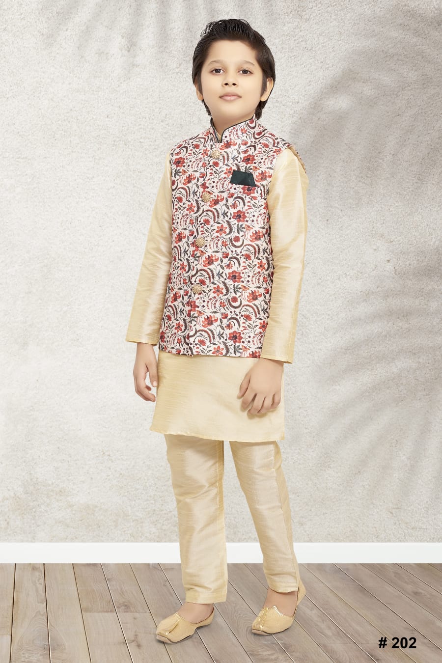 Cream Pure Soft Art Banarasi Silk Boys Kurta Pajama Jacket Set 