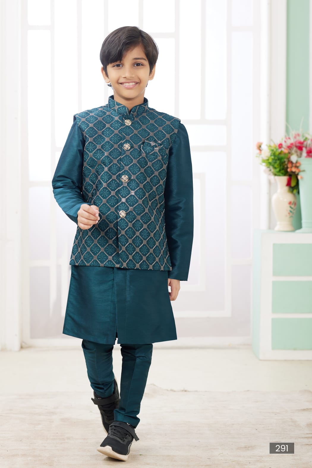 Green Pure Soft Art Banarasi Silk Computer Work Boys Kurta Pajama Jacket Set 