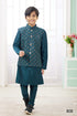 Green Pure Soft Art Banarasi Silk Computer Work Boys Kurta Pajama Jacket Set 