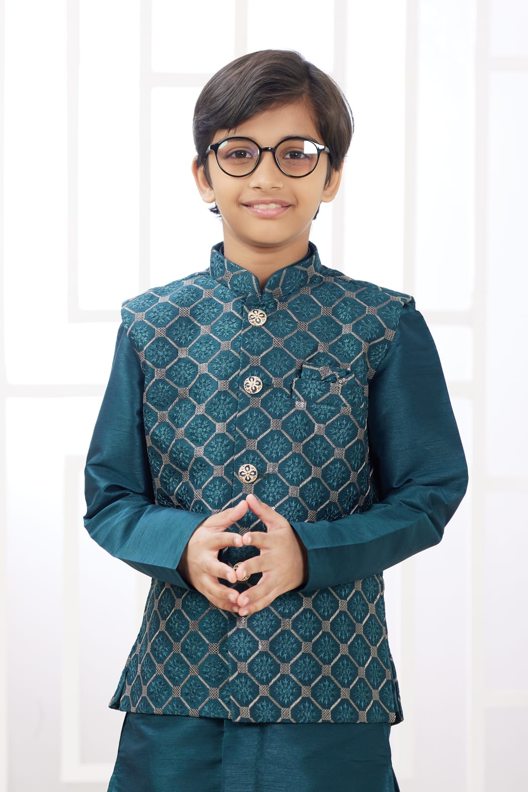 Green Pure Soft Art Banarasi Silk Computer Work Boys Kurta Pajama Jacket Set 