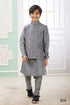 Grey Pure Soft Art Banarasi Silk Computer Work Boys Kurta Pajama Jacket Set 