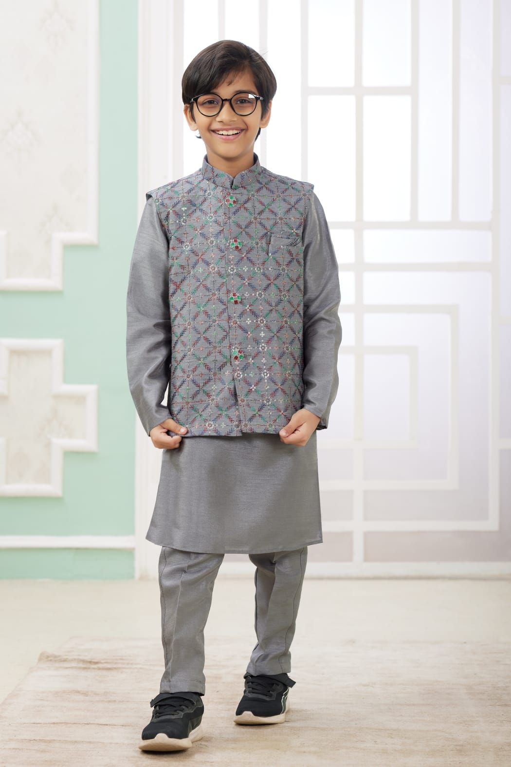 Grey Pure Soft Art Banarasi Silk Computer Work Boys Kurta Pajama Jacket Set 
