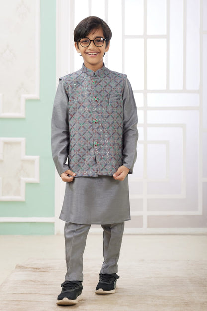 Grey Pure Soft Art Banarasi Silk Computer Work Boys Kurta Pajama Jacket Set 