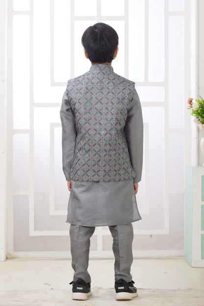 Grey Pure Soft Art Banarasi Silk Computer Work Boys Kurta Pajama Jacket Set 