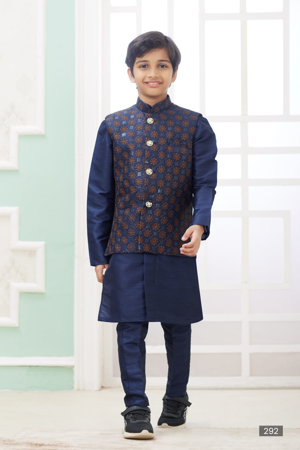 Navy Blue Pure Soft Art Banarasi Silk Computer Work Boys Kurta Pajama Jacket Set 