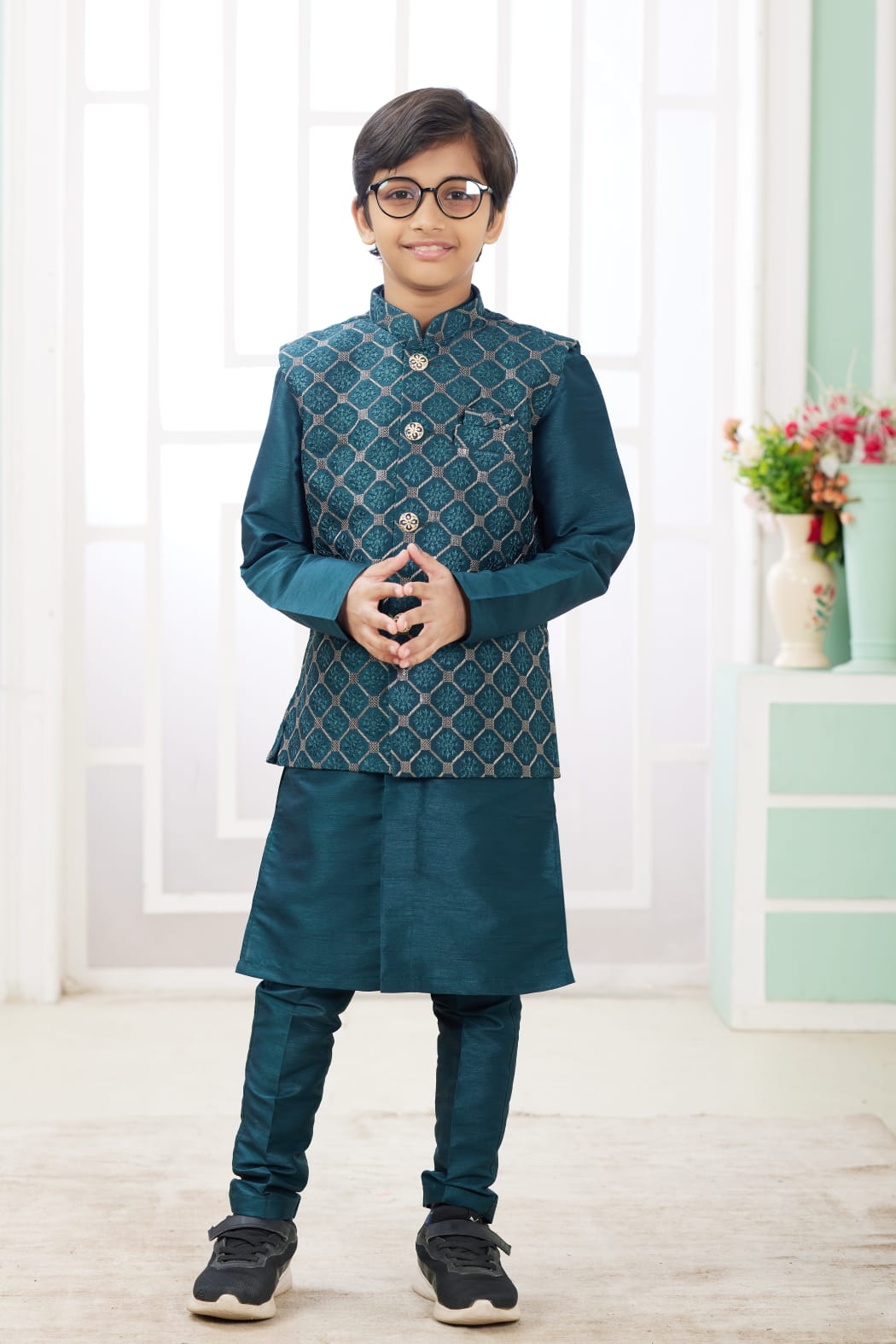 Green Pure Soft Art Banarasi Silk Computer Work Boys Kurta Pajama Jacket Set 