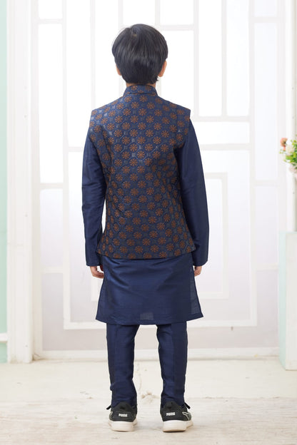 Navy Blue Pure Soft Art Banarasi Silk Computer Work Boys Kurta Pajama Jacket Set 