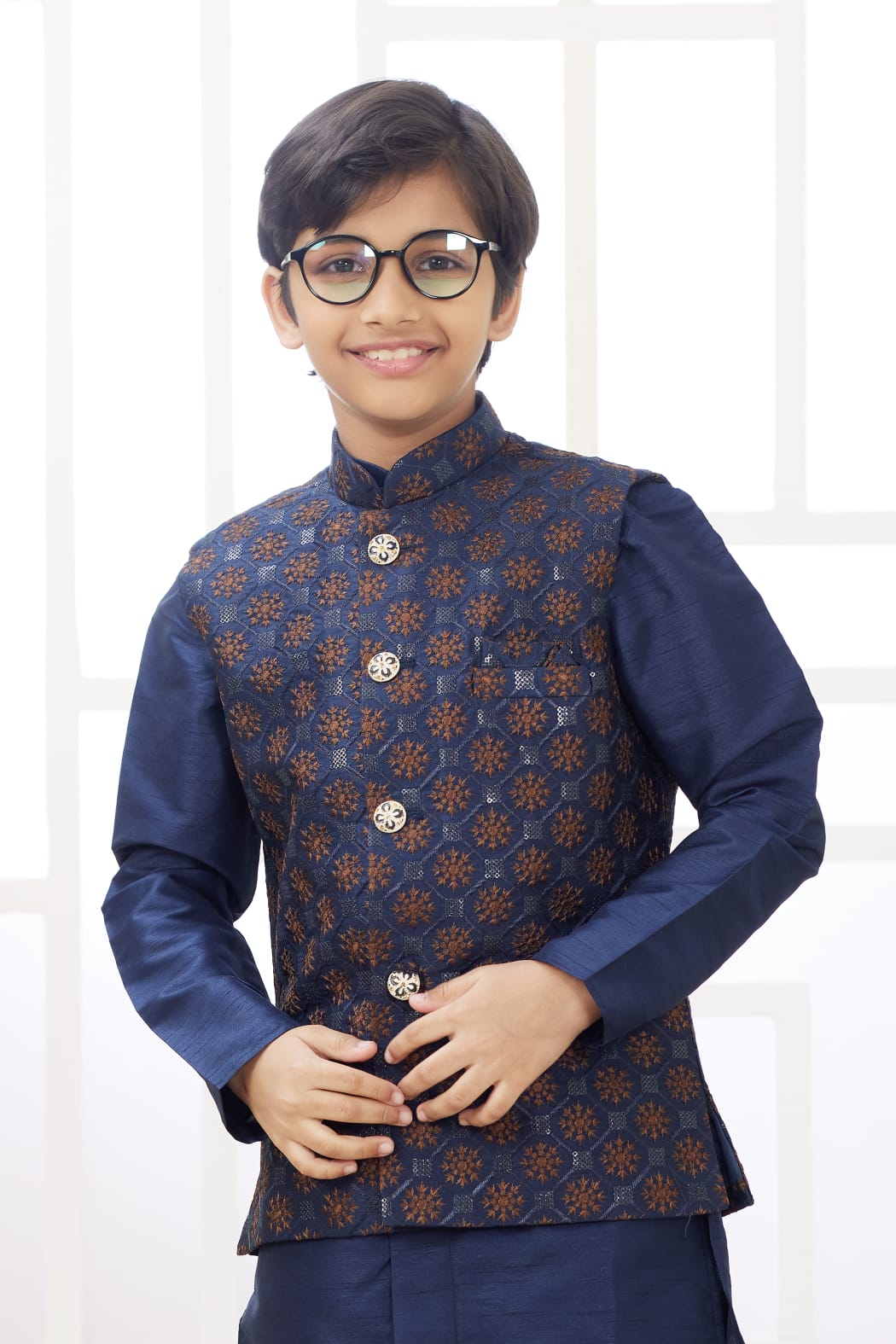 Navy Blue Pure Soft Art Banarasi Silk Computer Work Boys Kurta Pajama Jacket Set 