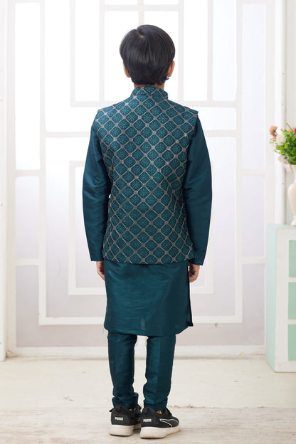 Green Pure Soft Art Banarasi Silk Computer Work Boys Kurta Pajama Jacket Set 