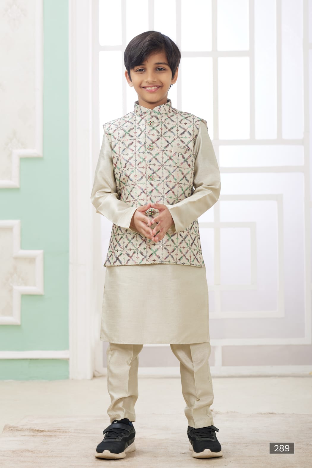 Cream Pure Soft Art Banarasi Silk Computer Work Boys Kurta Pajama Jacket Set 