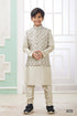Cream Pure Soft Art Banarasi Silk Computer Work Boys Kurta Pajama Jacket Set 