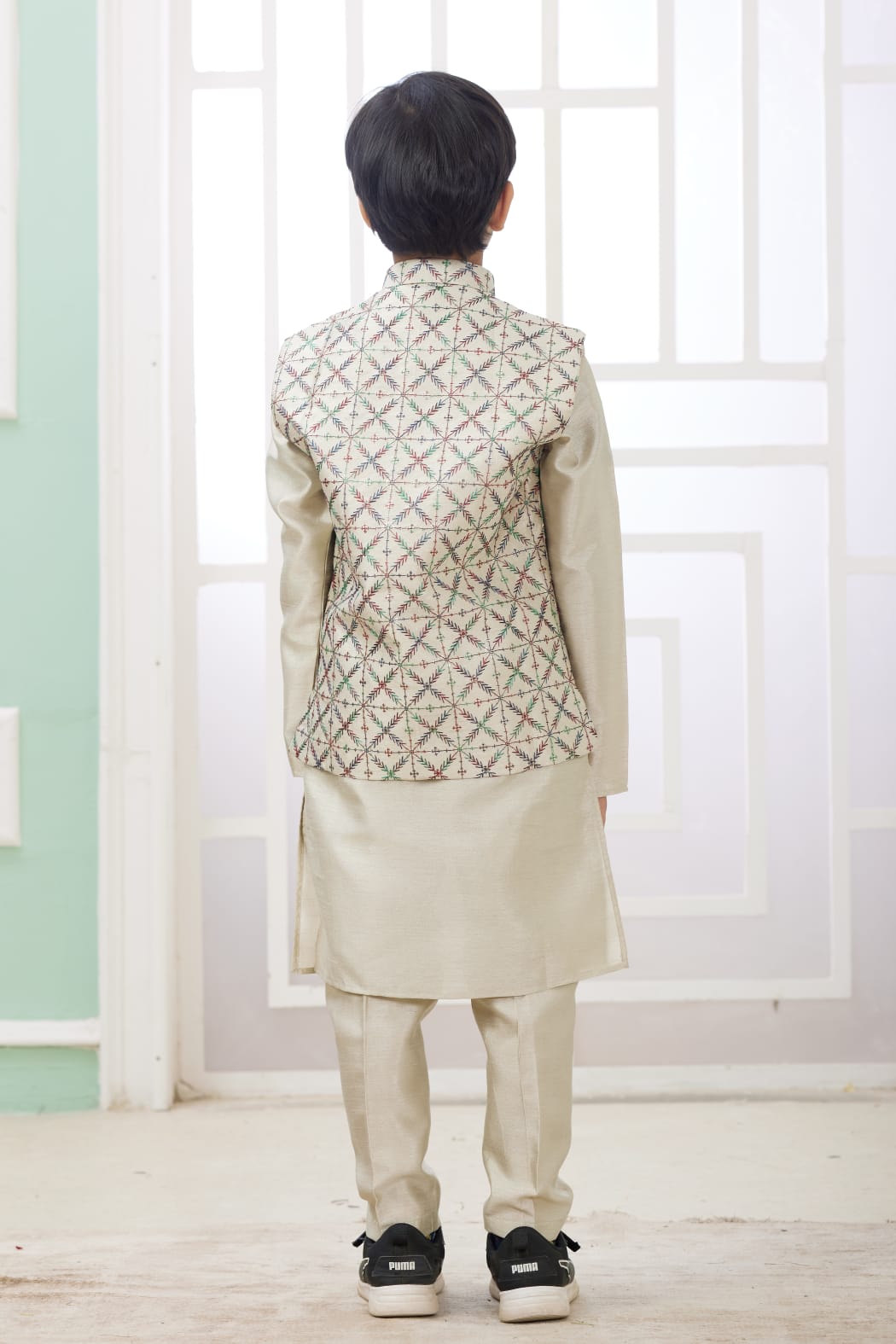 Cream Pure Soft Art Banarasi Silk Computer Work Boys Kurta Pajama Jacket Set 