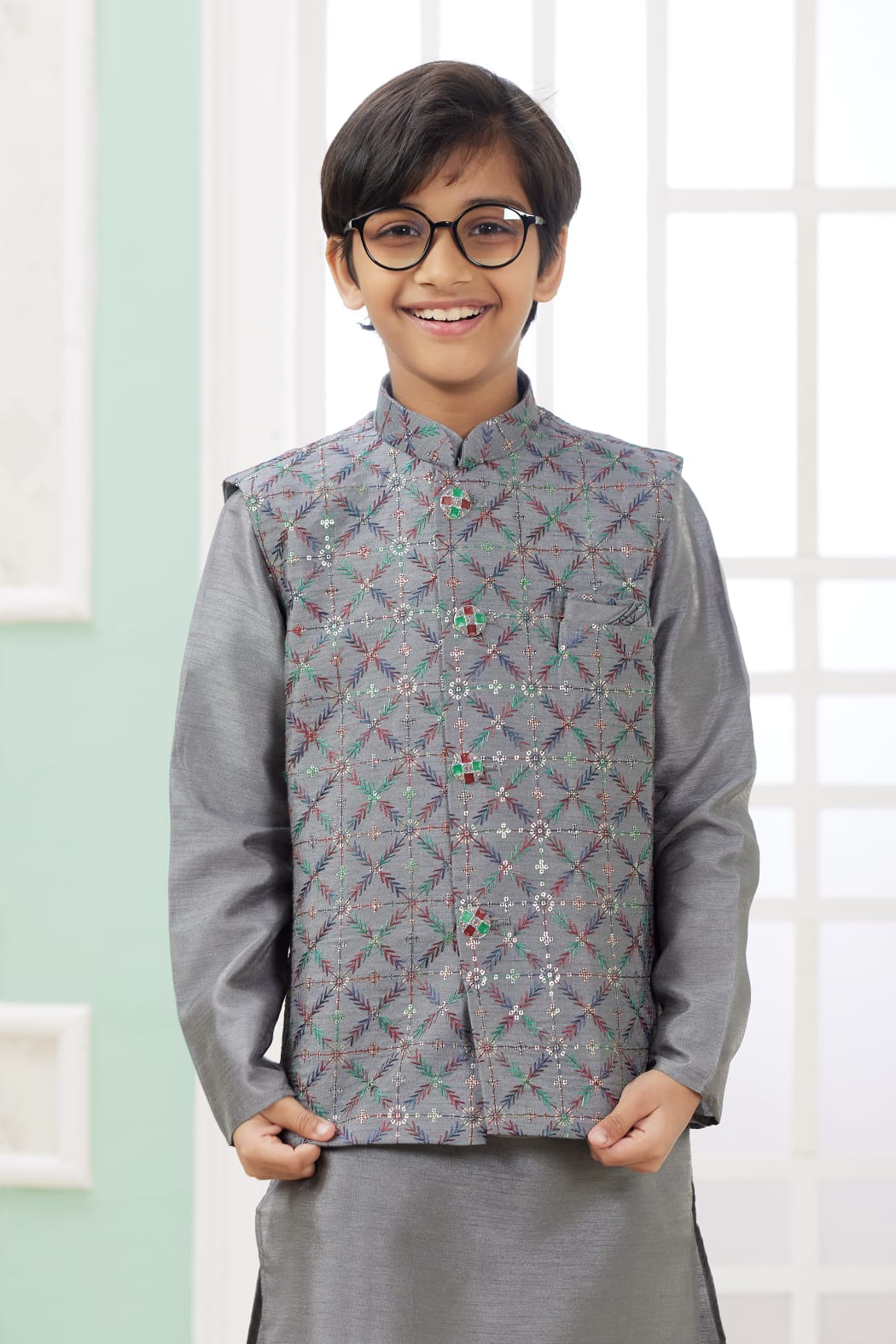 Grey Pure Soft Art Banarasi Silk Computer Work Boys Kurta Pajama Jacket Set 