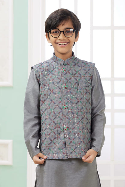 Grey Pure Soft Art Banarasi Silk Computer Work Boys Kurta Pajama Jacket Set 