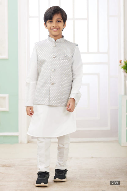 White Pure Soft Art Banarasi Silk Computer Work Boys Kurta Pajama Jacket Set 