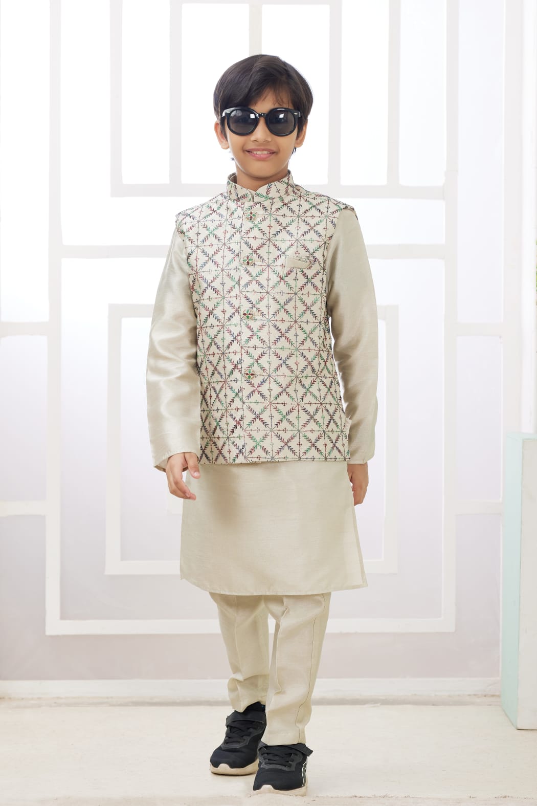 Cream Pure Soft Art Banarasi Silk Computer Work Boys Kurta Pajama Jacket Set 