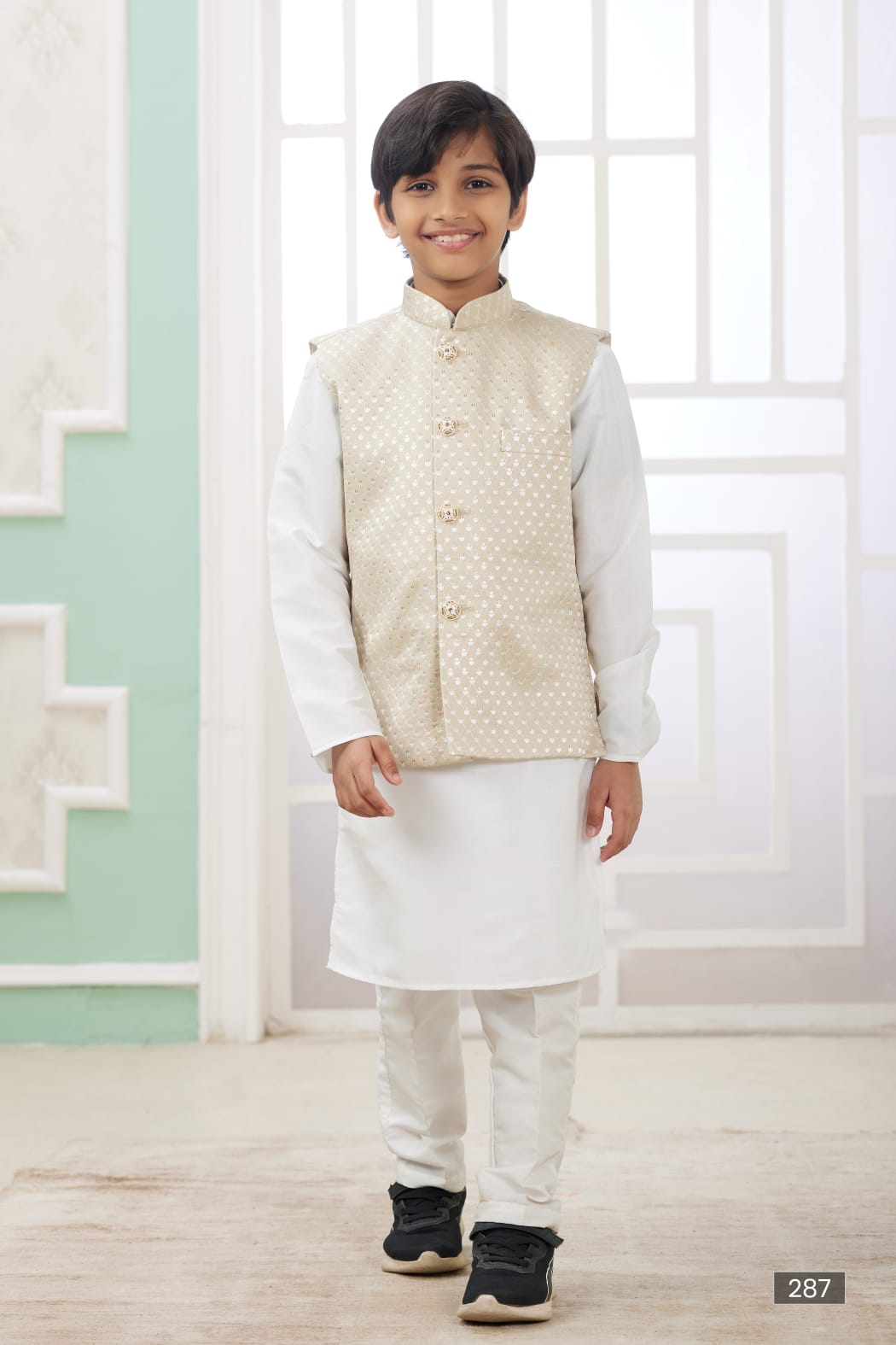 Off White Pure Soft Art Banarasi Silk Computer Work Boys Kurta Pajama Jacket Set 