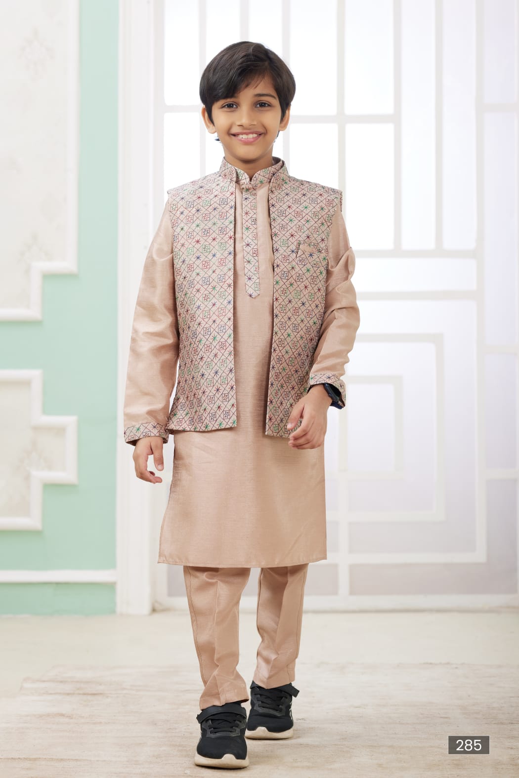 Peach Pure Soft Art Banarasi Silk Computer Work Boys Kurta Pajama Jacket Set 