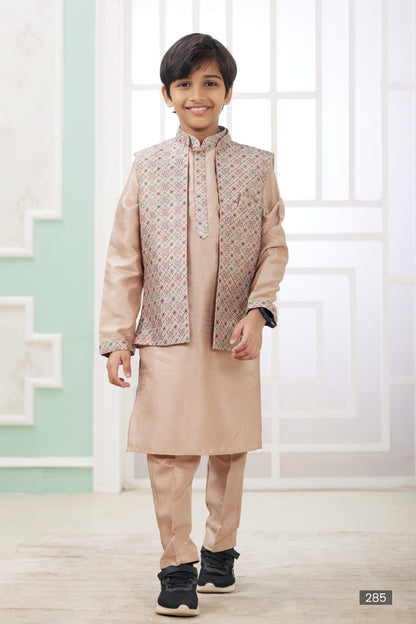 Peach Pure Soft Art Banarasi Silk Computer Work Boys Kurta Pajama Jacket Set 