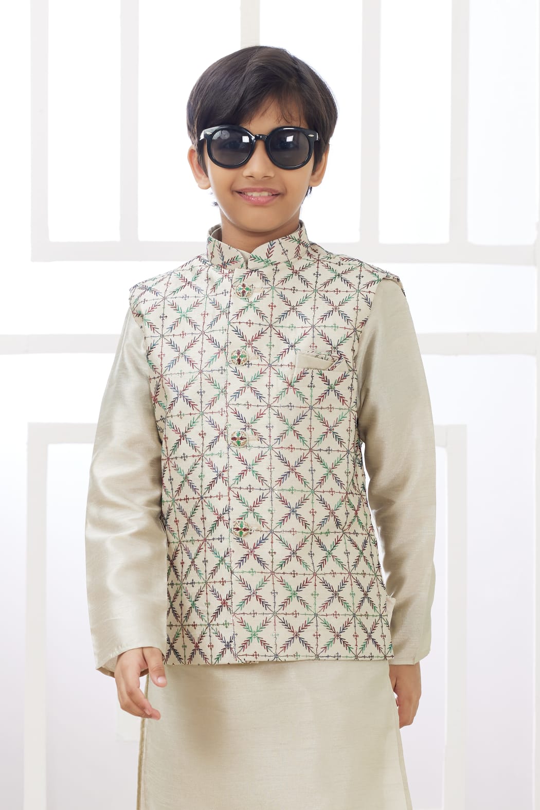 Cream Pure Soft Art Banarasi Silk Computer Work Boys Kurta Pajama Jacket Set 