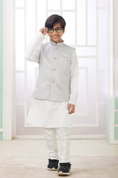 White Pure Soft Art Banarasi Silk Computer Work Boys Kurta Pajama Jacket Set 
