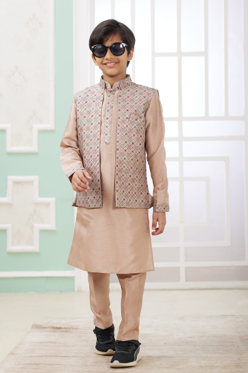 Peach Pure Soft Art Banarasi Silk Computer Work Boys Kurta Pajama Jacket Set 