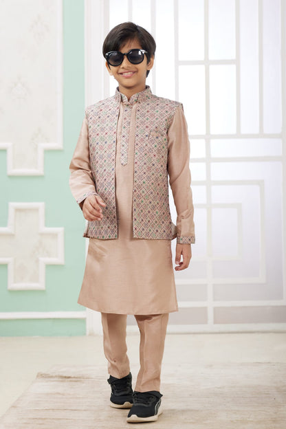 Peach Pure Soft Art Banarasi Silk Computer Work Boys Kurta Pajama Jacket Set 