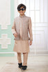 Peach Pure Soft Art Banarasi Silk Computer Work Boys Kurta Pajama Jacket Set 