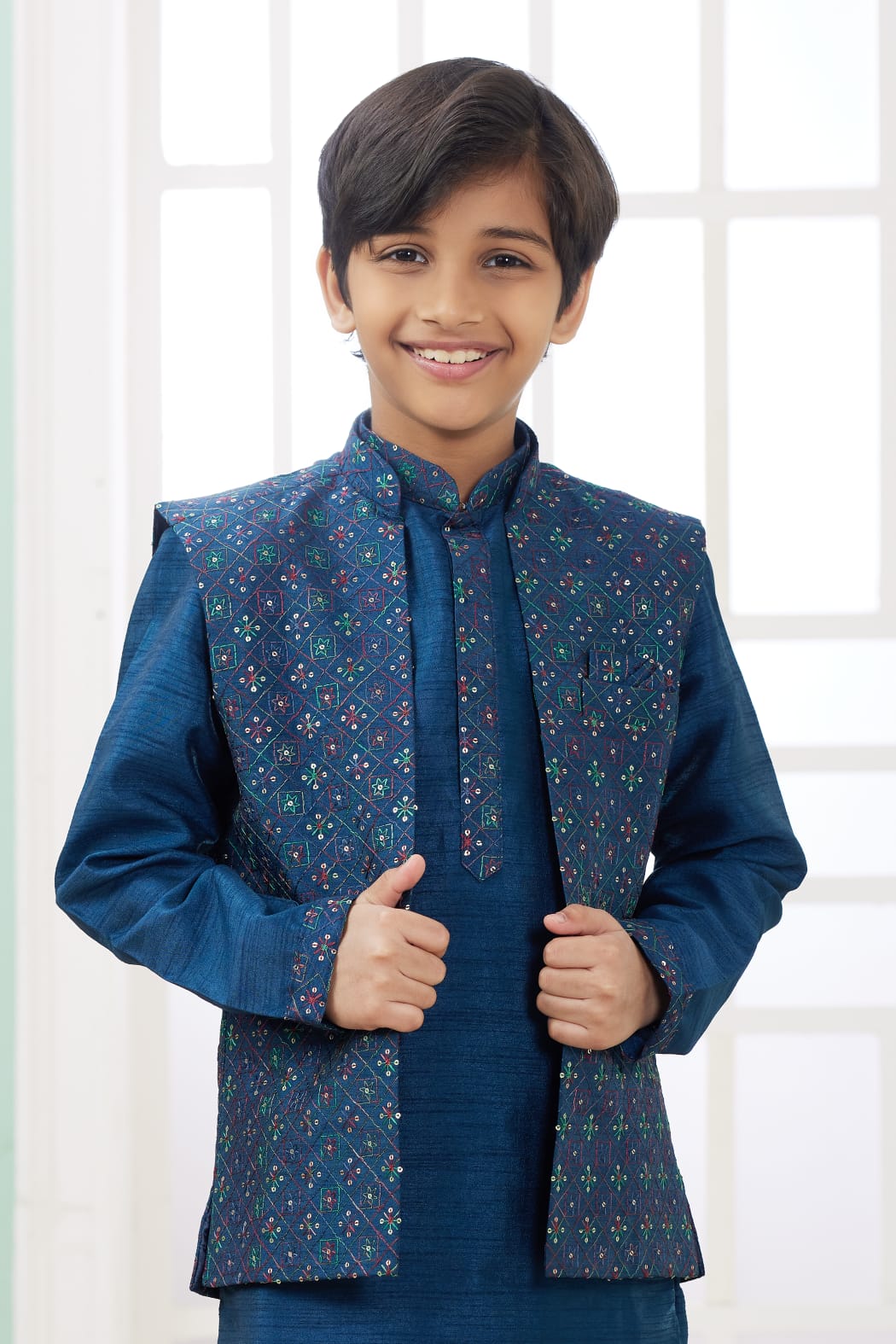 Blue Pure Soft Art Banarasi Silk Computer Work Boys Kurta Pajama Jacket Set 