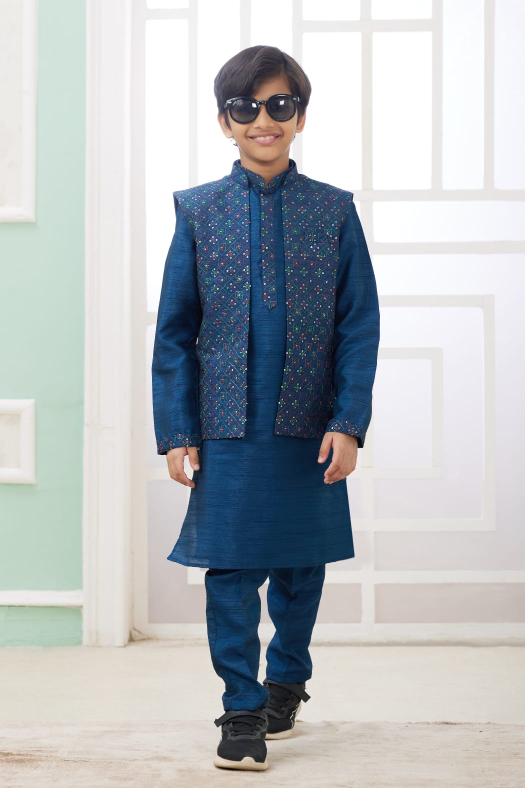 Blue Pure Soft Art Banarasi Silk Computer Work Boys Kurta Pajama Jacket Set 